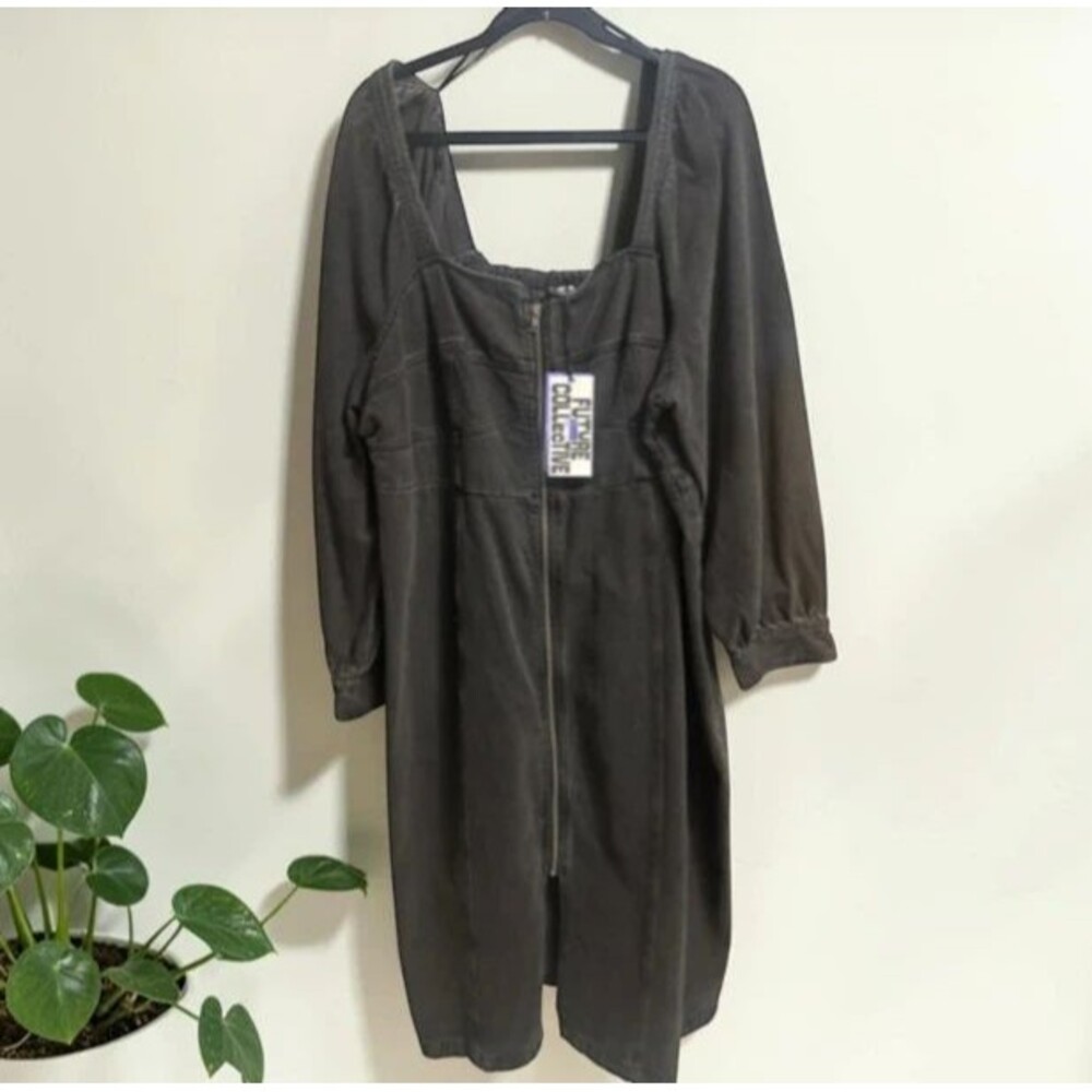 Women's Black Denim Smocked Back Midi Long Sleeve Square Neck